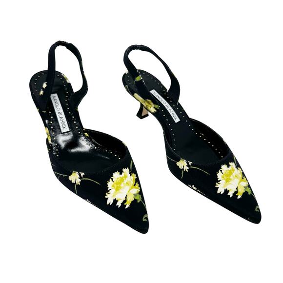 Manolo Blahnik Shoes - Manolo Blahnik Carolyne 50 Floral Slingback Pumps Black Yellow EU 36.5